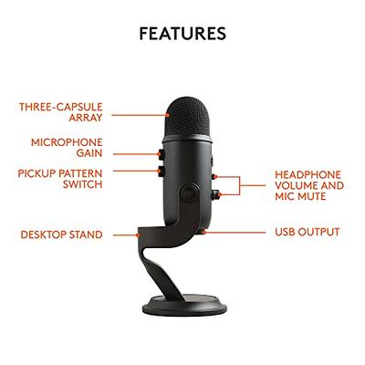  Logitech for Creators Blue Yeti USB Microphone for Gaming,  Streaming, Podcasting, Twitch, , Discord, Recording for PC and Mac,  4 Polar Patterns, Studio Quality Sound, Plug & Play-Blackout : Musical  Instruments