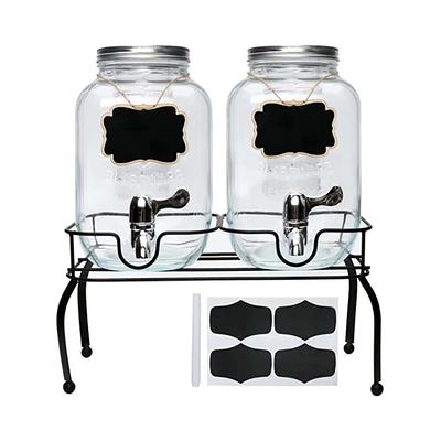 Aoibox 3.78L 1 gal. 2-Jar Glass Food Grade Beverage Dispenser with Black Metal Stand, Leak Free Spigot, Chalkboard Lables