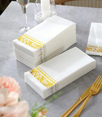 White Cloth Like Dinner Napkins with Gold Border - Linen Feel Disposable  Guest Towels, Absorbent, Soft, Elegant, Bathroom Hand Towel, Party,  Weddings