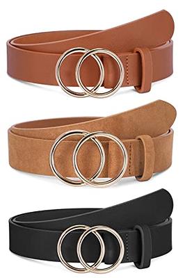 SANSTHS 2 Pack Women Leather Belts Faux Leather Jeans Belt with Double O-Ring Buckle Size Up to 58 inch