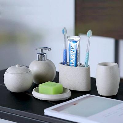 Resin Matte Marble Bathroom Accessories Set 5 Pcs, Lotion Soap Dispenser  Toothbrush Holder Bathroom Tumbler Cotton Swab Jar and Multifunctional  Tray