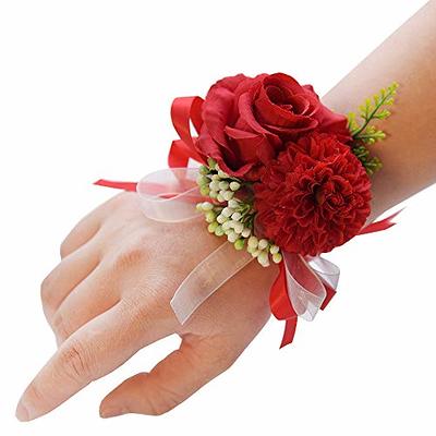 Casdre Bride Wedding Wrist Corsage Bridal Hand Flower with Ribbon Corsage Wristlet Wedding Accessories for Women and Girls (Yellow)