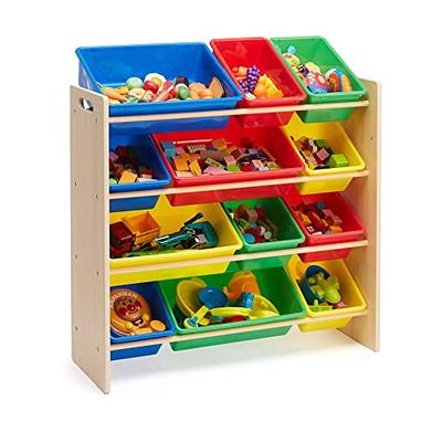   Basics Kids Toy Storage Organizer With 12 Plastic Bins,  Natural Wood With Bright Bins, 10.9 D x 33.6 W x 31.1 H : Baby