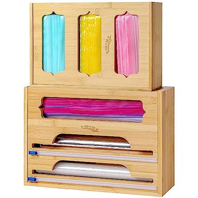 RASTIN Bamboo Zip lock Storage Bag Storage Organizer for Drawer Including  Foil Cutter for Labels, Plastic Wrap, Paper Dispenser for Kitchen Drawer