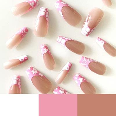 24PCS Coffin Long Fake Nails Pink Tai Chi Press on Nails French