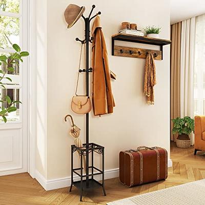 Wood Coat Rack Tree Wall Mounted Hat Rack w/4 Hooks for Entryway