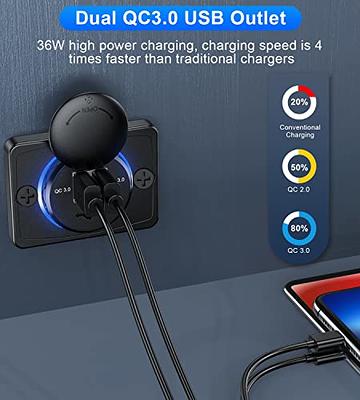 12V USB Outlet, Quick Charge 3.0 USB-A Port and USBC Port, 12V 24V Input  Surface Mount RV USB Outlet, for RV Marine Motorcycle Truck Golf Cart