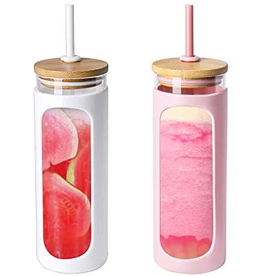 Glass Tumbler with Silicone Sleeve and Bamboo Lid and Handle, Pink Water  Bottle