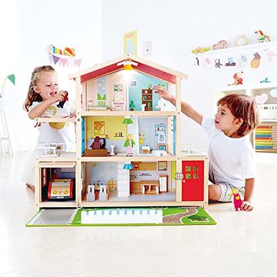 Hape Little Room Pretend Play 3 Story Wooden Doll House w/ Light, Doorbell,  & Bedroom, Bathroom, Living Room, & Dining Furniture for Kids Age 3 and Up