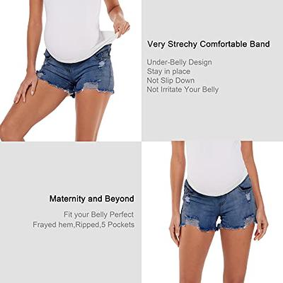 V VOCNI Maternity Women's Maternity Indigo Blue Mom Tassel Secret  Underbelly Denim Shorts B Black