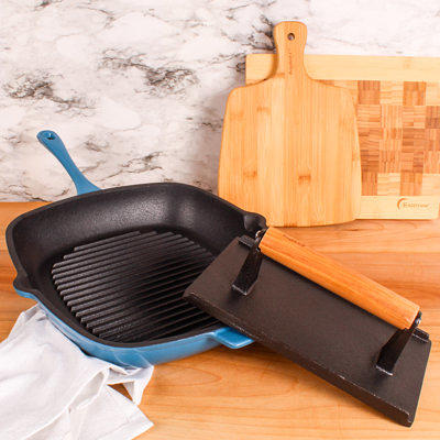 Neo 2pc Cast Iron Set 11 Grill Pan & with Slotted Steak Press