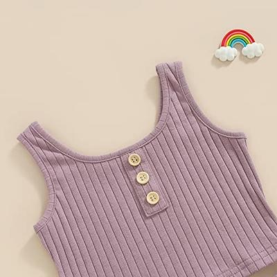2pcs Toddler Girl Solid Color Drawstring Design Ribbed Tank Top and Elasticized Shorts Set
