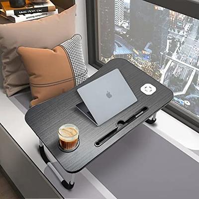 Foldable Lap Desk for Bed, Bed Tray Table with 4 USB Ports, Holder Slots, Cup Holder and Drawer, Laptop Desk Table with Mini Lamp, Fan, Portable