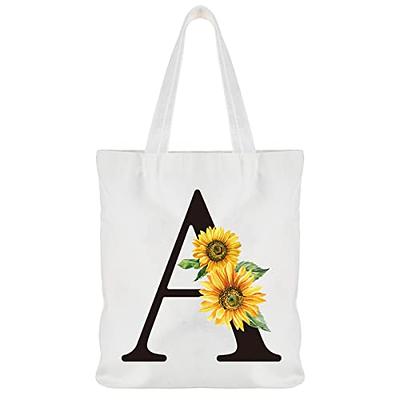 Reginary Initial Canvas Tote Bag, Letter Tote Monogrammed Gift Sunflower  Personalized Bag Birthday Christmas Gift