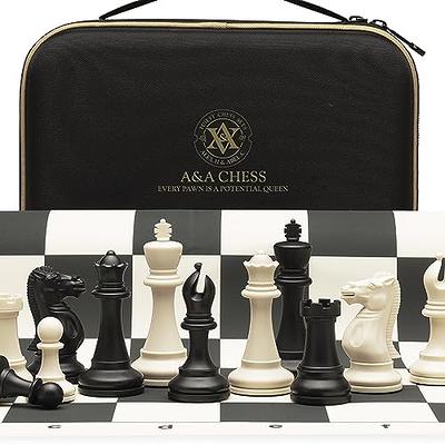 A&A 15 inch Wooden Folding Chess & Checkers Set w/ 3 inch King Height  Staunton Chess Pieces / 2 Extra Queens / 2 in 1 Board Game