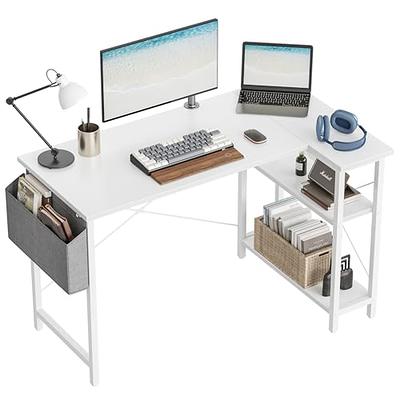 Folding Computer Desk with Storage Shelves, 360 Rotating L-Shape Corner Desk for Home Office Small Space - White