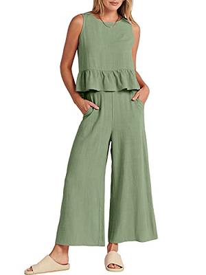 2023 Women's Summer 2 Piece Linen Outfits Sleeveless Solid Round Neck Tank  Crop Top and Wide Leg Pants Set Pockets, Army Green, Small : :  Clothing, Shoes & Accessories