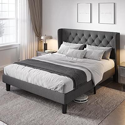  HOSTACK King Size Bed Frame, Modern Upholstered Platform Bed  with Adjustable Headboard, Heavy Duty Button Tufted with Wood Slat Support,  Easy Assembly, No Box Spring Needed (Grey)