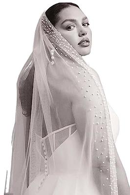 Ursumy Bride Wedding Lace Veil Short Waist Veils 2 Tier Soft Tulle Veil  Bridal Veils with Comb (Ivory)