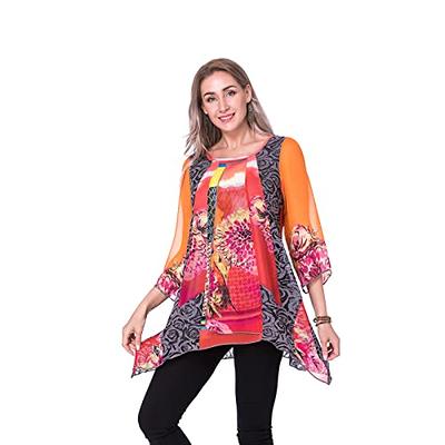 DIKALADY Women's Casual 3/4 Sleeve Tunic Tops To Wear With Leggings  Splicing Floral Print Blouses Loose Fit Flowy Shirts（XL） Red Flower - Yahoo  Shopping