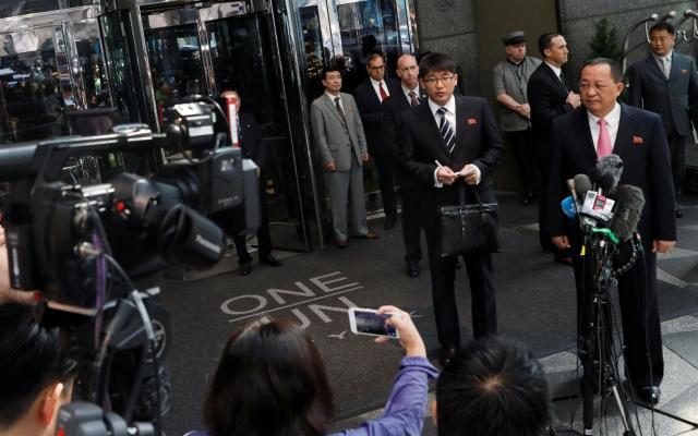 North Korean Foreign Minister Ri Yong-ho speaks to the media outside the Millennium hotel New York - REUTERS