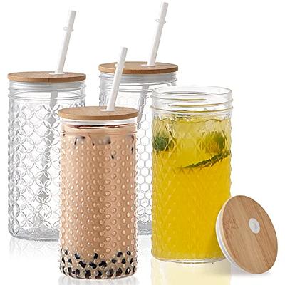  Drinking Glasses with Glass Straw and Bamboo Lids-4Pcs