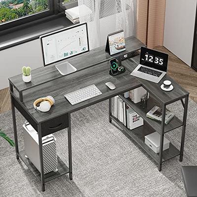 Huuger 55 inch Computer Desk with 3 Drawers, Office Desk Gaming Desk with LED Lights & Power Outlets, Home Office Desks with Storage Space for