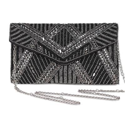 Metallic and Black Beaded Evening Handbag from India, 'Gleaming Glamour