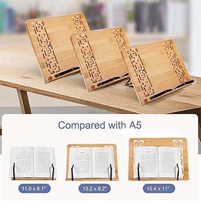 wishacc Bamboo Book Stand, Adjustable Book Holder Tray and Page Paper  Clips-Cookbook Reading Desk Portable Sturdy Lightweight Bookstand-Textbooks