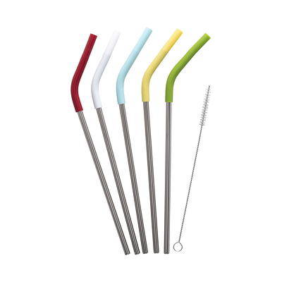 Acopa 8 1/2 Silver Stainless Steel Reusable Bent Straw - 12/Pack