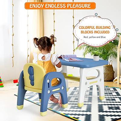 INFANS 2 in 1 Kids Art Table and Chair Set, Toddler Craft Play Wood Activity Desk with 2 Chairs for Drawing Writing, White