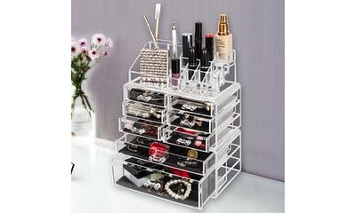 Makeup Organizer Box with Drawer Countertop Cosmetic Display Cases - 10.4x 4.7x14.6 - Pink