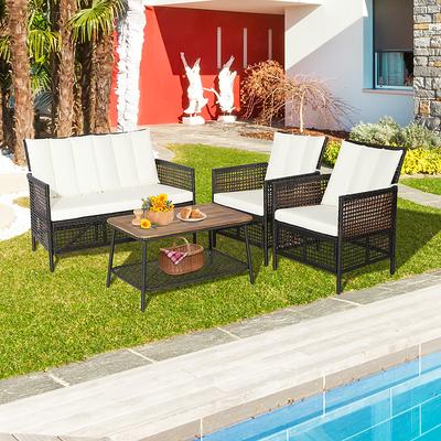 Costway 4PCS Patio Rattan Wicker Furniture Conversation Set Cushioned Sofa  Table