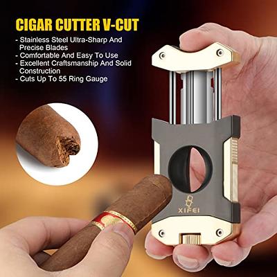 XIFEI Cigar Cutter V-Cut,3 in 1 V Cutter with Cigar Punch Cigar Stand  Sharpest 440 Stainless Steel Cut Blade Ergonomic Design Secure-Lock 55 Ring