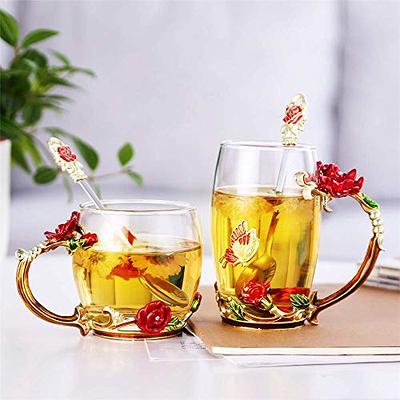 Rose Enamel Crystal Tea Cup With Spoon - Elegant Clear Glass