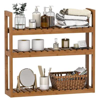 Dracelo 14 in. W x 6.7 in. D x 13 in. H 2-Tier Brown Wood Bathroom Countertop Storage Shelf