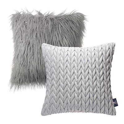 Fluffy Corduroy Velvet Solid Color Suqare Cusion Accent Decorative Throw  Pillow for Couch, 20 x 20, Gray, 2 Pack 