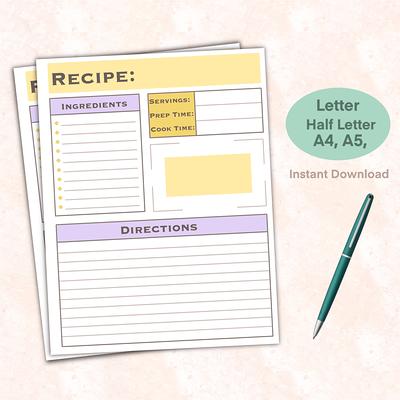 Printable Cookbook Template Recipe Book Cookbook (Instant Download) 