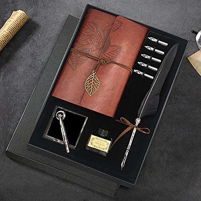 Feather Quill Pen Ink Set - Calligraphy Dip Pen Set Fountain Pen Ink Red  Feather Pen Display Case with Inkwell and Stand - Quill Pen Set with 5