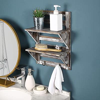 MyGift Solid Wood Wall Mounted Bathroom Shelves with Towel Bar