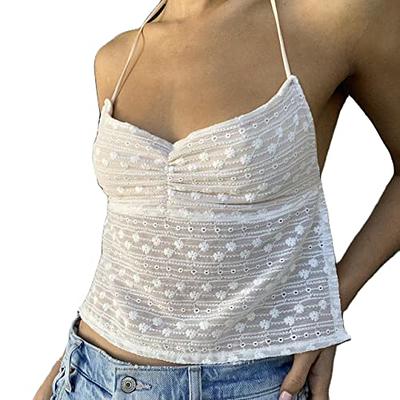 Fiomva Women Backless Crop Top Vintage Tie Up Spaghetti Strap Camisole  Summer Cute Mini Vest E-Girl Streetwear
