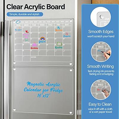  Magnetic Calendar for Fridge, Monthly and Memo Acrylic  Calendar for Fridge, 16x12 Clear Fridge Calendar Dry Erase Magnetic Board  for Refrigerator, Includes 6 Dry Erase Markers with 6 Colors 