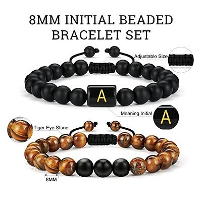 Initial Beaded Bracelets for Men Boys, 8mm Natural Stone Tiger Eye Mens Bracelets  Beads Letter B