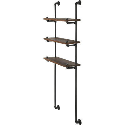 Rustic Burnt Wood & Metal Pipe Shelf with Towel Rack