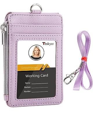 Teskyer Badge Holder with Side Zip Pocket, Multiple Card Slots Leather ID  Holder Wallet with Neck Lanyard for Office Staffs, Teachers/Students