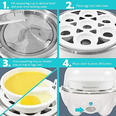 Elite Gourmet EGC-007B#Rapid Egg Cooker, 7 Easy-To-Peel, Hard, Medium, Soft Boiled Eggs, Poacher, Omelet Maker, Auto Shut-Off, Alarm, 16-Recipe