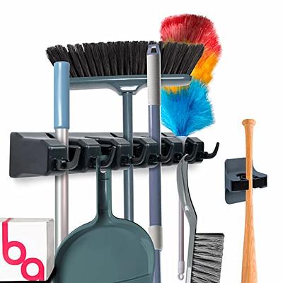 Combo 5 Slot Broom Holder w/ 1 Self Adhesive Mop Gripper No-Drilling, Wall  Mount Tool Organizers For Kitchen, Garage, Laundry Room- Anti-Slip Hanger  For Brooms, Mops, Rakes, Dustpans (Black / Black) 