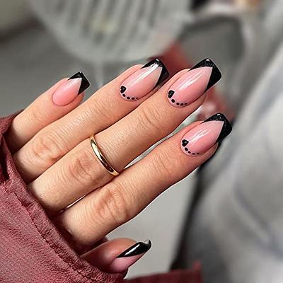 Long Press on Nails Square Acrylic Nails Black Fake Nails with Red Nail Gem  Designs False Nails Extra Long Coffin Glue on Nails Artificial Stick on