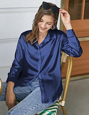 Chigant Women's Satin Silk Long Sleeve Button Up Shirt Casual Loose Work Blouse  Top (Navy Blue,XX-Large) - Yahoo Shopping
