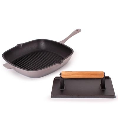 BergHOFF Neo 2pc Cast Iron Grill Set, Grill Pan & Bacon/Steak Press, Oyster